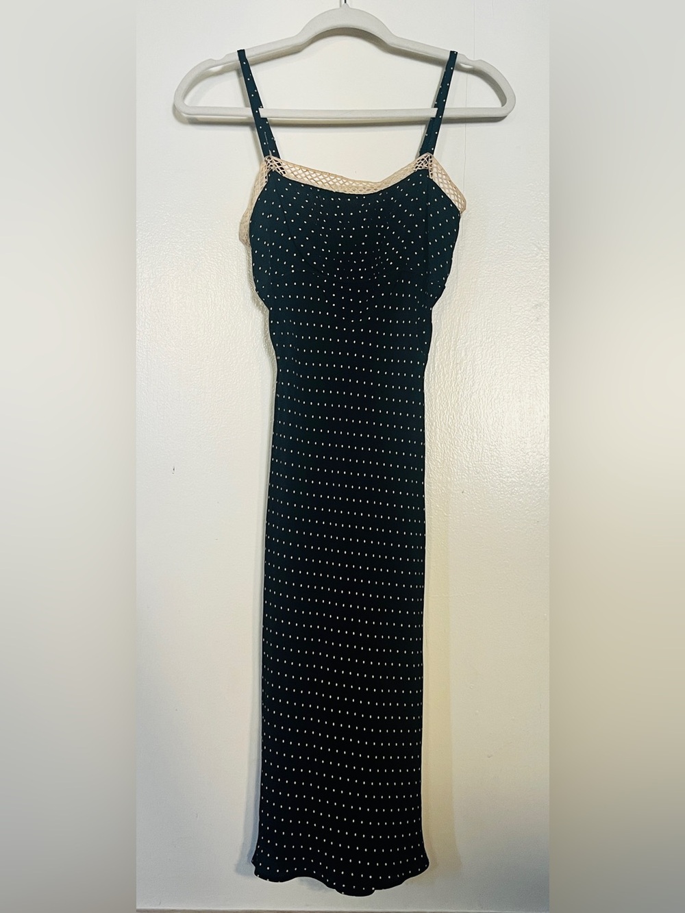 Betsey Johnson Black Polka Dot Slip Dress with Beige Lace Trim Petite